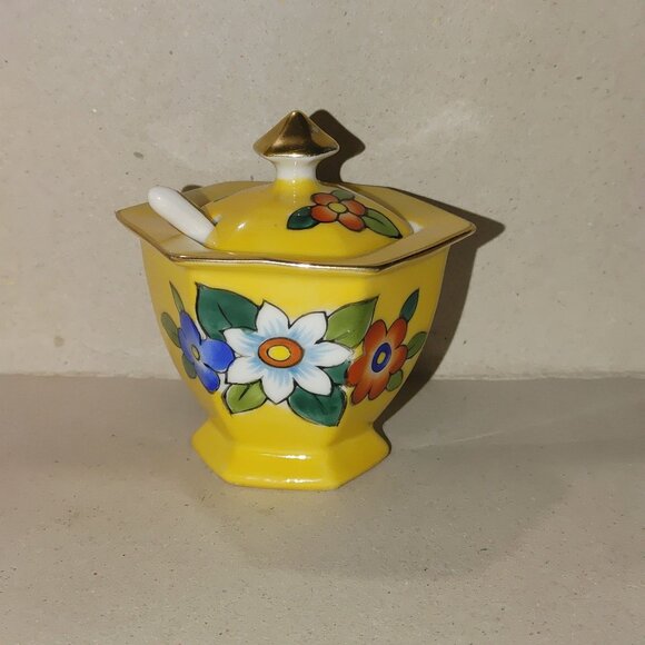 Noritake Japan Yellow Floral Salt Pepper Shaker Set Lidded Mustard Bowl Spoon - Picture 7 of 12